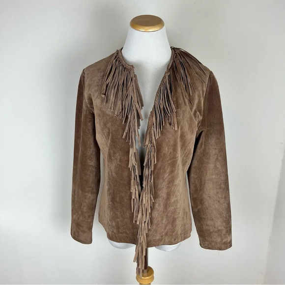 Vintage Suede Leather Fringe Live a Little Jacket Size S Tan Western Cowboy - Picture 1 of 3